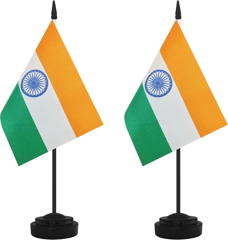 Yamiuo 2 Pack India Desk Flag Set, Indian Desktop Small Miniature Table Office Flag with 12" Black Pole and Black Base, Offices, Classroom, Home, Festival Decoration (India) - Image 1
